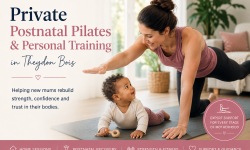 Private postnatal Pilates in Theydon Bois with mother and baby exercising at home.